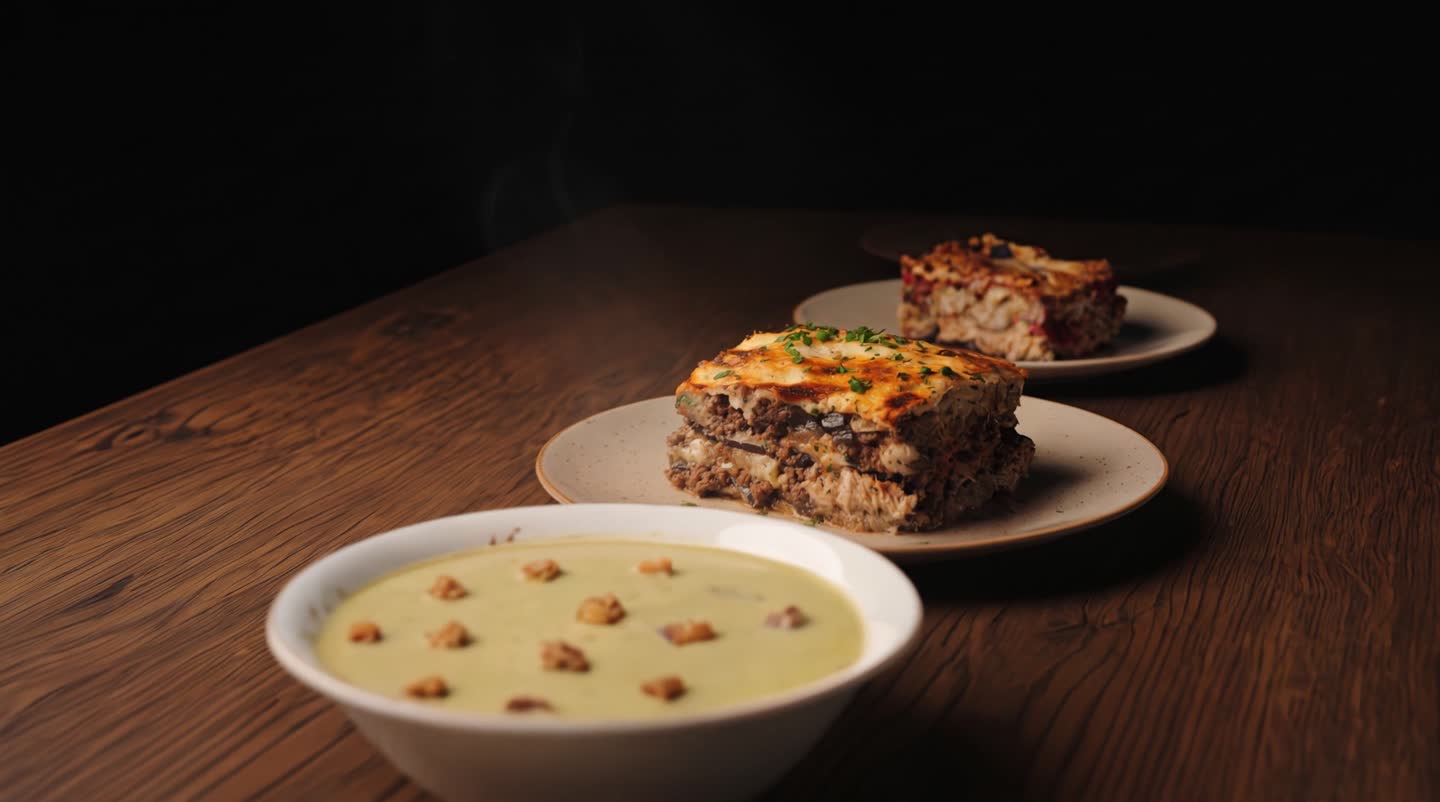 A frame from the new Beshamel hero film — steaming dishes arriving on a dark oak table